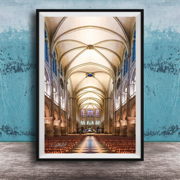 a grand cathedral with a high vaulted ceiling, ornate architectural details, and rows of wooden pews leading to the altar.