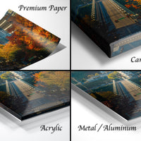 The image is a collage of four different views of a cityscape, each with a distinct texture and finish. The top left image is a "Premium Paper" print, the top right image is a "Canvas Wrap" print, the bottom left image is an "Acrylic" print, and the bottom right image is a "Metal/Aluminum" print.