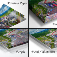The image is a collage of four different views of a large outdoor stadium, showcasing the stadium's surroundings and the crowd attending the event.