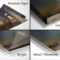 The image is a collage of four photos depicting different types of materials used for printing, including premium paper, canvas wrap, acrylic, and metal/aluminum.