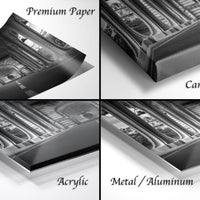 The image is a collage of four different types of materials used for framing or displaying artwork, including premium paper, canvas wrap, acrylic, and metal/aluminum.