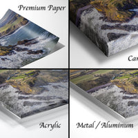 The image is a collage of four different types of printed materials, including a premium paper, a canvas wrap, an acrylic, and a metal/aluminum.