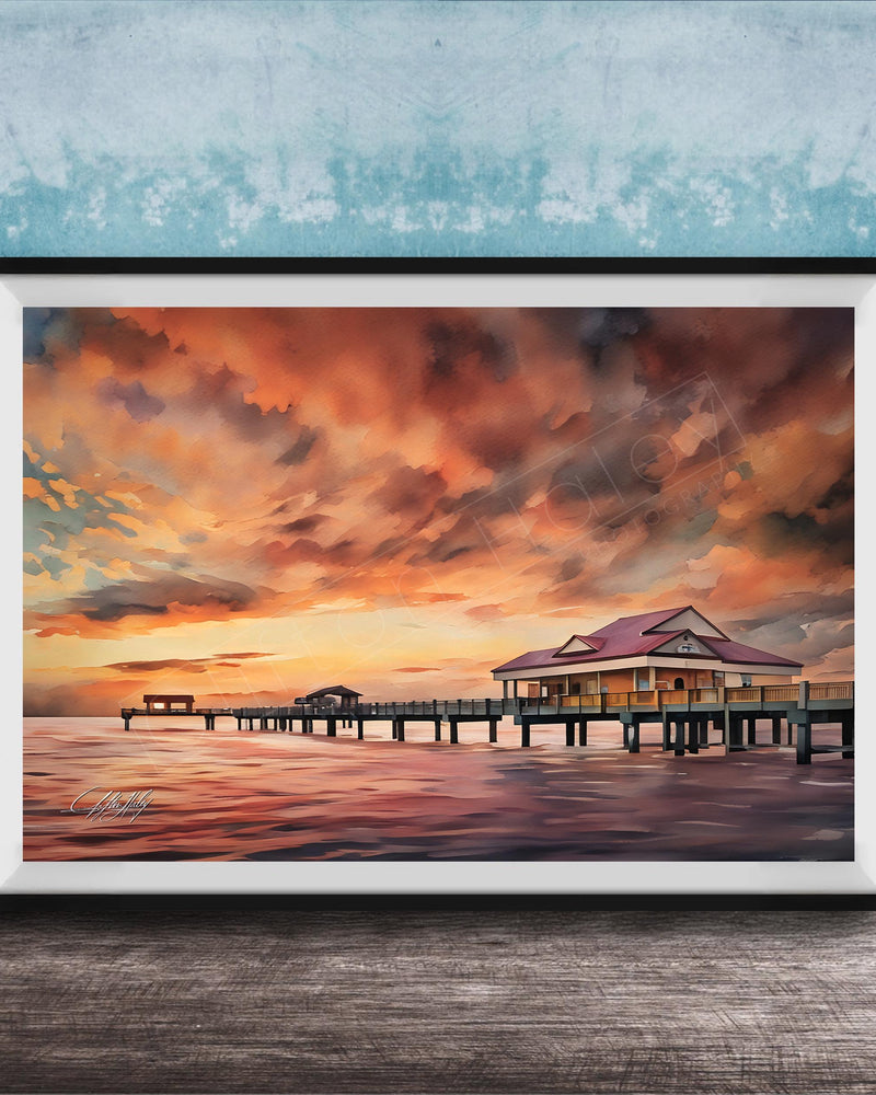 a serene scene of a wooden pier extending into a calm body of water, with a building on the pier and a vibrant sunset sky in the background.
