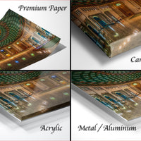 four different views of a painting or artwork, each with a different description. The first image is a "Premium Paper" with a detailed view of the artwork. The second image is a "Canvas Wrap" that showcases the artwork in a different way than the first. The third image is an "Acrylic" version of the artwork, which is a painting on a flat surface. The fourth image is a "Metal/Aluminum" version of the artwork, which is a painting on a metal or aluminum surface.