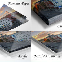 The image is a collage of four different views of a city street at sunset, with the cityscape and sky visible in each frame.