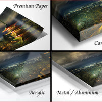 The image is a collage of four different views of a cityscape at night, with the city lights reflected on the surface below.