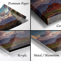 The image is a collage of four different views of a rustic mountain landscape, including a premium paper print, a canvas wrap, an acrylic print, and a metal/aluminum print.