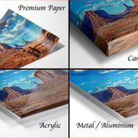The image is a collage of four different images depicting a desert landscape, with each image labeled as either "Premium Paper", "Canvas Wrap", "Acrylic", or "Metal/Aluminum".