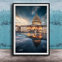 the United States Capitol building in Washington, D.C., with its iconic dome and columns illuminated against a dramatic sky.