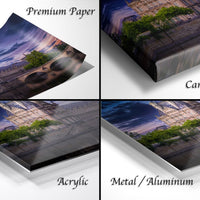 The image is a collage of four different views of a cityscape, including a premium paper print, a canvas wrap, an acrylic print, and a metal/aluminum print.