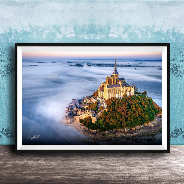 Mont Saint-Michel Poster, Normandy Coastal Sunrise Fog Wall Art