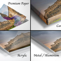 The image is a collage of four different views of a castle or historical building, each with a different material used to display the image: premium paper, canvas wrap, acrylic, and metal/aluminum.