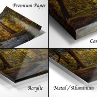 The image is a collage of four different types of print materials, including premium paper, canvas wrap, acrylic, and metal/aluminum.