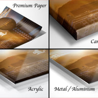 The image is a collage of four different views of a sunset over a city skyline, with each view labeled as either "Premium Paper", "Canvas Wrap", "Acrylic", or "Metal/Aluminum".