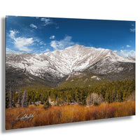 A majestic snow-capped mountain peak rises above a lush forest, with a clear blue sky dotted with fluffy white clouds.