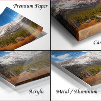 The image is a collage of four different views of a mountain landscape, each with a different finish or material, including acrylic, metal, and aluminum.