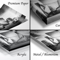The image is a collage of four different photographs, each depicting a cityscape. The photographs are labeled as "Premium Paper", "Canvas Wrap", "Acrylic", and "Metal/Aluminum".
