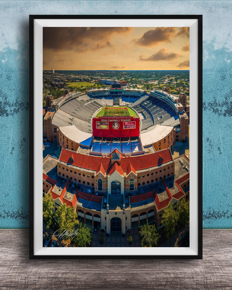 The image is an aerial view of a large stadium with a red roof, surrounded by buildings and a blue sky with clouds.