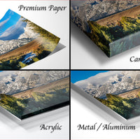 The image is a collage of four different images, each depicting a landscape with mountains, trees, and a body of water. The images are labeled as "Premium Paper", "Canvas Wrap", "Acrylic", and "Metal/Aluminum" to describe the materials used for the prints.