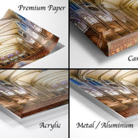 The image is a collage of four different views of a cathedral, each with a distinct perspective and angle. The images are labeled as "Premium Paper", "Canvas Wrap", "Acrylic", and "Metal/Aluminum" to describe the materials used for the prints.