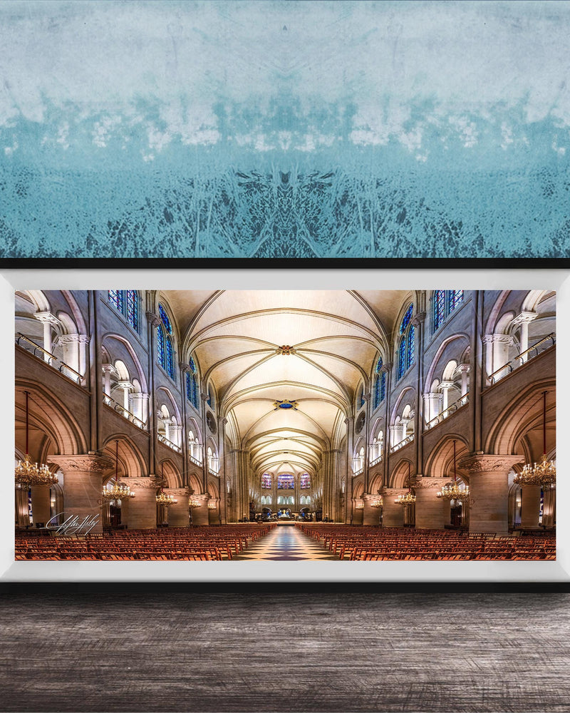 a grand cathedral with a high vaulted ceiling, ornate arches, and rows of pews leading to the altar.