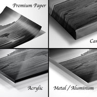 The image is a collage of four different types of photographic prints, including a premium paper print, a canvas wrap, an acrylic print, and a metal/aluminum print.