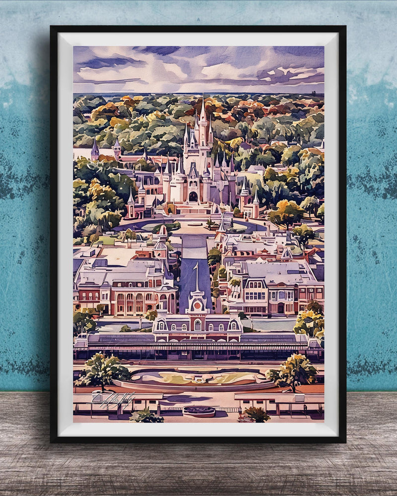 A framed illustration depicting a fantastical cityscape with a castle-like structure in the center, surrounded by lush greenery and a winding road.