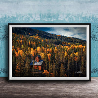 A framed photograph of a cabin nestled in a forest of trees with vibrant autumn foliage.