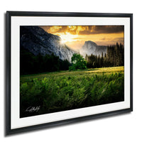 a serene landscape with a mountain range in the background, a lush green field in the foreground, and a tree in the middle ground. The sun is setting behind the mountains, casting a warm glow over the scene.