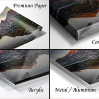 The image is a collage of four different views of a landscape photograph, including a close-up of the paper, a close-up of the canvas wrap, and a close-up of the metal or aluminum finish.