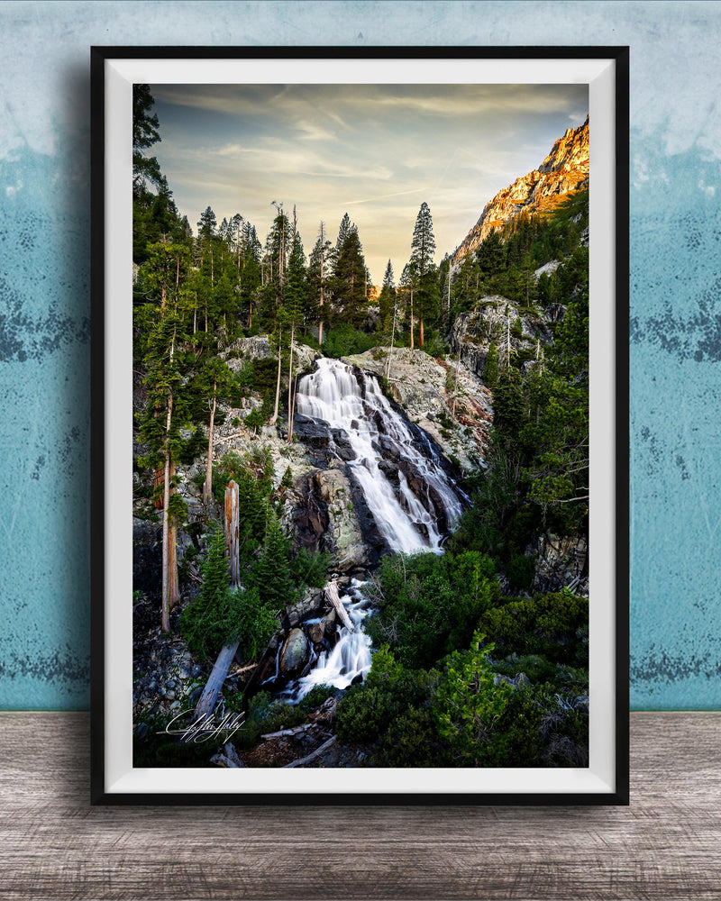Waterfall Wall Art, Winter Pine Forest Lake Tahoe Nature Scene