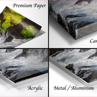The image is a collage of four different types of materials used for printing or framing artwork, including premium paper, canvas wrap, acrylic, and metal/aluminum.