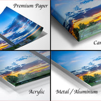 The image is a collage of four different images, each depicting a sunset over a landscape. The images are labeled as "Premium Paper", "Canvas Wrap", "Acrylic", and "Metal/Aluminum".
