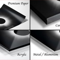 The image is a collage of four different images, each depicting a different type of paper or material: premium paper, canvas wrap, acrylic, and metal/aluminum.