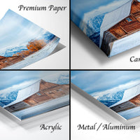 The image is a collage of four different views of a wooden cabin in a snowy landscape, with each view labeled as either "Premium Paper", "Canvas Wrap", "Acrylic", or "Metal/Aluminum".