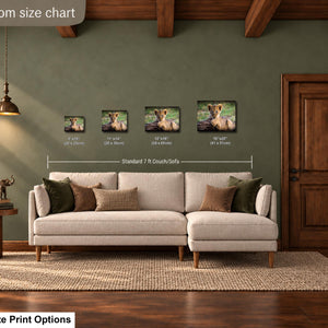 a living room with a large couch, a wooden door, and a lamp. There are four framed pictures of animals on the wall, and the couch is positioned in front of the pictures. The living room appears to be well-lit and cozy, with a rug on the floor.