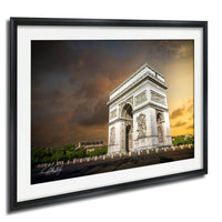 the Arc de Triomphe, a famous monument in Paris, France, with a dramatic sky in the background.