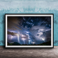 a dramatic and awe-inspiring thunderstorm, with lightning bolts streaking across the sky and dark, ominous clouds looming overhead.