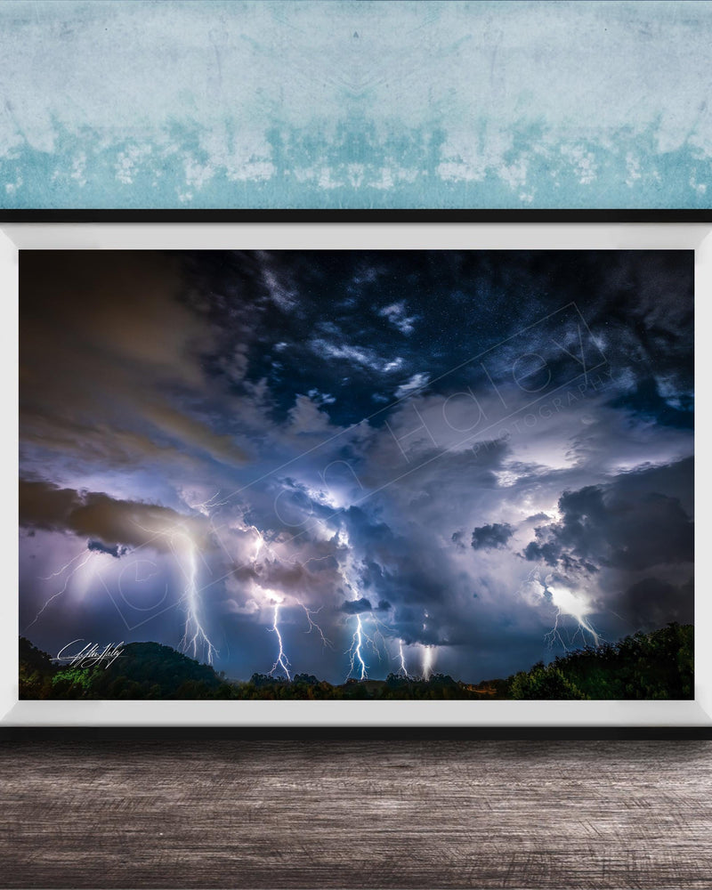 a dramatic and awe-inspiring thunderstorm, with lightning bolts streaking across the sky and dark, ominous clouds looming overhead.