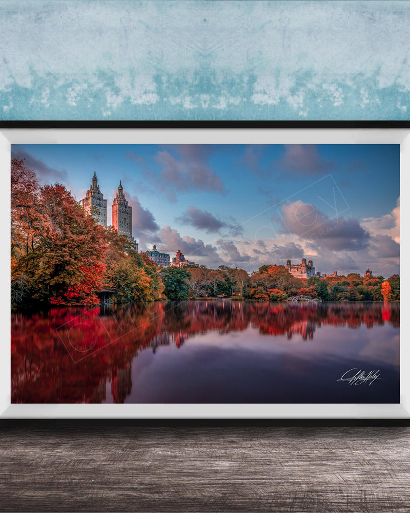 A framed photograph of the New York City skyline, with the city's iconic landmarks and trees reflected in the water below.