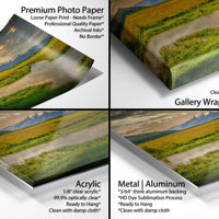 The image is a collage of four different images, each depicting a landscape scene. The images are labeled as "Premium Photo Paper Loose Paper Print" and "Gallery Wrapped Canvas".