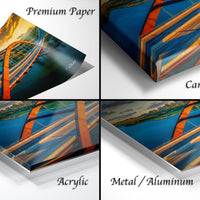 The image is a collage of four different views of a bridge, each with a distinct perspective and angle. The bridge is depicted in various materials, including acrylic, metal, and canvas wrap.