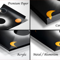 The image is a collage of four different images, each depicting a black background with yellow crescent moons and a solar eclipse. The images are labeled as "Premium Paper", "Canvas Wrap", "Acrylic", and "Metal/Aluminum".