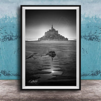 A black and white photograph of a castle or palace situated on a beach, with a body of water in the foreground and a sky above.