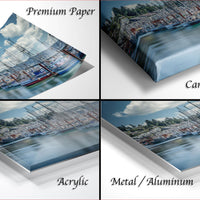 The image is a collage of four photos depicting a marina with sailboats. The collage includes three different views of the marina, including a close-up of the boats, a wider view of the marina, and a close-up of the water. The collage is labeled as "Premium Paper", "Canvas Wrap", "Acrylic", and "Metal/Aluminum".