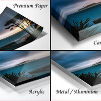 The image is a collage of four different views of a sunset over a body of water, with each view presented in a different medium: premium paper, canvas wrap, acrylic, and metal/aluminum.