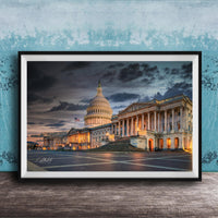 the United States Capitol building in Washington D.C., with its iconic dome and columns illuminated against a dramatic sky.