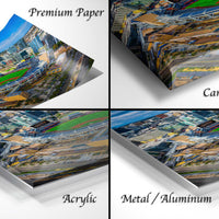 four different views of a cityscape, including a top-down view, a side view, a close-up view, and a bottom-up view. The text labels the different views as "Premium Paper", "Canvas Wrap", "Acrylic", and "Metal/Aluminum".