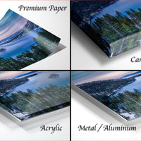 four different views of a landscape photograph, including a close-up of the trees, a landscape painting, a canvas wrap, and a close-up of the trees.