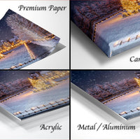 The image is a collage of four photos depicting a snowy landscape at night, with a focus on the trees and the illuminated Christmas lights.
